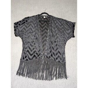 Francesca Collections Black Fringe Duster Kimono Chevron Velvet Jacket Medium